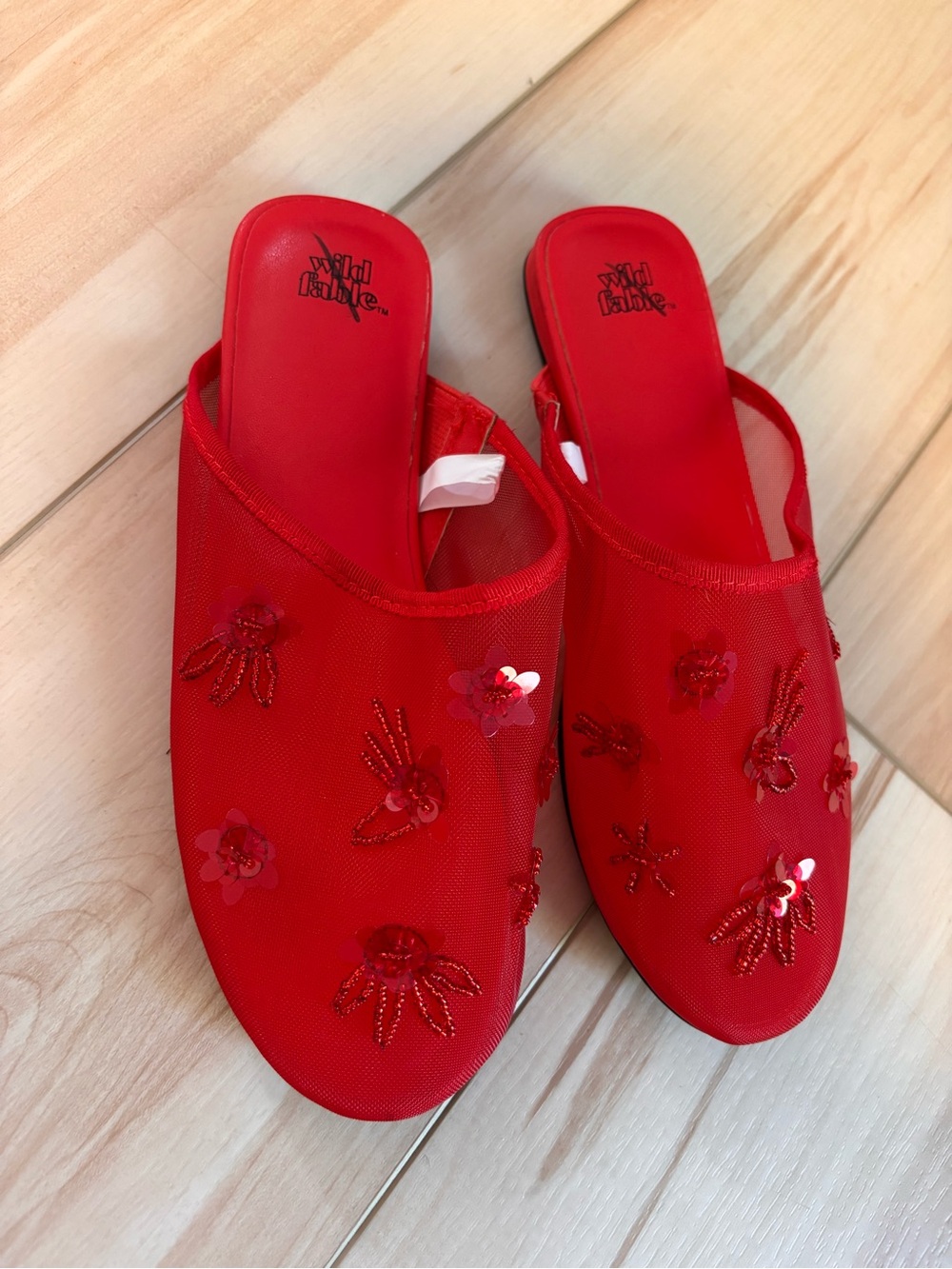 Red Embellished Slip-On Mules by Wild Fable